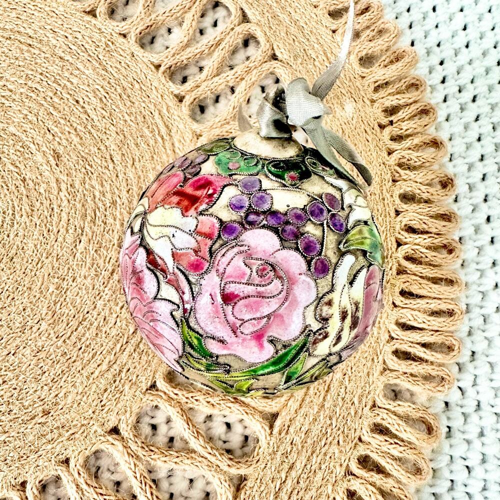 Vintage Cloisonne Hand Painted Silver Metal Pewter Floral Enamel Round Ornament